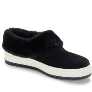 Blondo Black Suri Flatform Suede Mules Faux Fur Shoes Sz 7